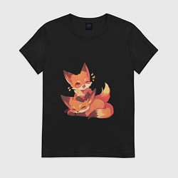Футболка хлопковая женская Милые лисята, цвет: черный