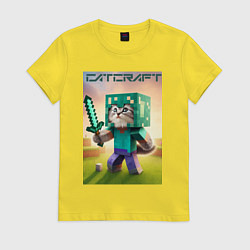Футболка хлопковая женская Котёнок Майнкрафт - коллаба нейросеть, цвет: желтый