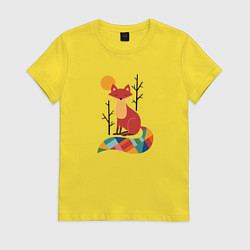 Женская футболка Лиса под солнцем между деревьями