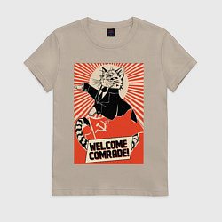 Футболка хлопковая женская Кот добро пожаловать комрад мем, цвет: миндальный