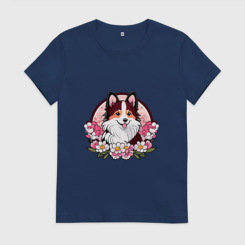 Женская футболка Колли среди цветов сакуры / Тёмно-синий – фото 1