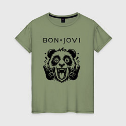 Футболка хлопковая женская Bon Jovi - rock panda, цвет: авокадо