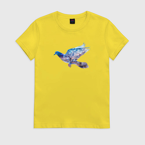 Женская футболка Летящий голубь и ночной город с двойной экспозицие / Желтый – фото 1