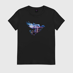 Футболка хлопковая женская Голубь с ночным городом внутри, цвет: черный