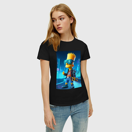 Женская футболка Барт Симпсон в неоновом городе со скейтбордом - не / Черный – фото 3