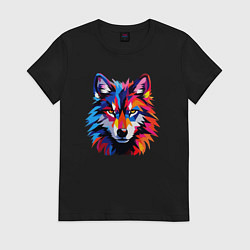 Футболка хлопковая женская Красочный волк поп арт, цвет: черный