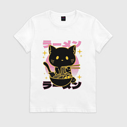 Футболка хлопковая женская Котик с лапшой, цвет: белый