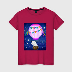 Футболка хлопковая женская Белый медведь на воздушном шаре, цвет: маджента