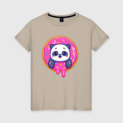 Футболка хлопковая женская Панда в пончике, цвет: миндальный