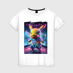 Футболка хлопковая женская Cyber Pikachu - neon glow ai art fantasy, цвет: белый