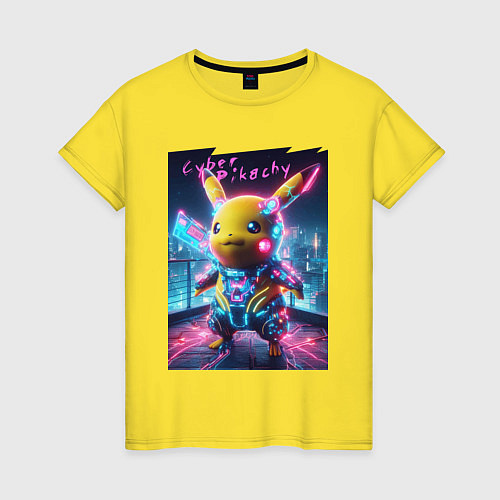 Женская футболка Cyber Pikachu - neon glow ai art fantasy / Желтый – фото 1