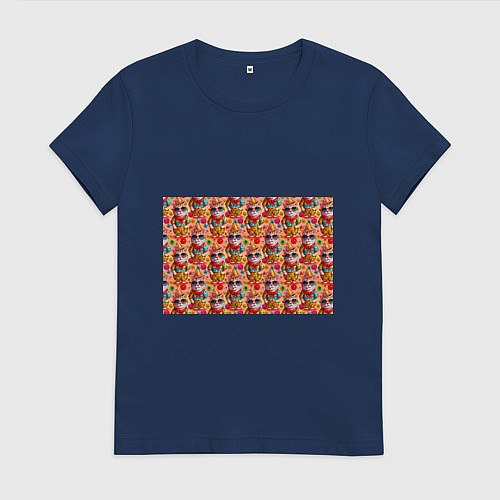 Женская футболка Коты и летний вайб паттерн / Тёмно-синий – фото 1