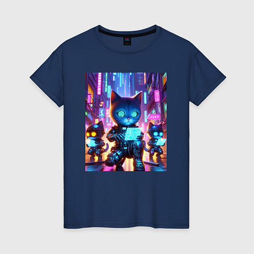 Женская футболка Продвинутые кибер котята - неоновое свечение / Тёмно-синий – фото 1