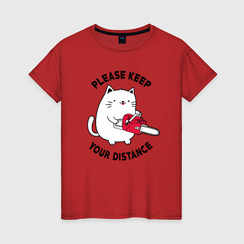 Женская футболка Белый кот с пилой / Красный – фото 1