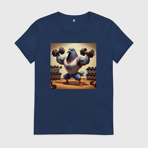 Женская футболка Забавный голубь качок с гантелями качается в спорт / Тёмно-синий – фото 1