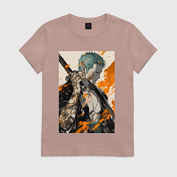 Футболка хлопковая женская Ван-Пис Зоро Ророноа фехтовальщик, цвет: пыльно-розовый