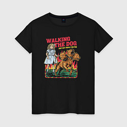 Футболка хлопковая женская Walking the dog just got triple the fun, цвет: черный