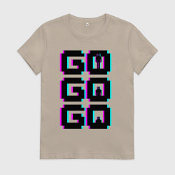 Футболка хлопковая женская Надпись чёрного цвета go go go с человечками, цвет: миндальный