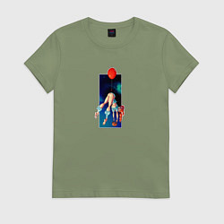 Футболка хлопковая женская Девушка летит на шаре, цвет: авокадо