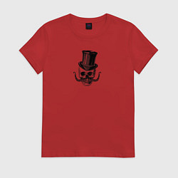 Футболка хлопковая женская Гравюра череп в цилиндре, цвет: красный