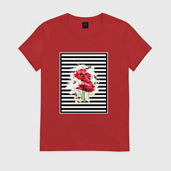 Женская футболка Акварельные маки на полосатом фоне