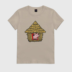 Футболка хлопковая женская Поросёнок в соломенном домике, цвет: миндальный