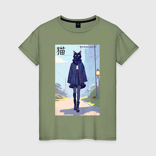 Женская футболка Чёрная кошечка на своём районе - нейросеть / Авокадо – фото 1