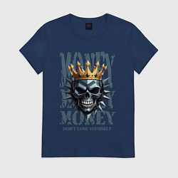 Футболка хлопковая женская Череп с короной на фоне денег, цвет: тёмно-синий