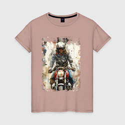 Футболка хлопковая женская Акварель -мотоциклист, цвет: пыльно-розовый