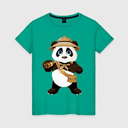 Футболка хлопковая женская Веселая панда следопыт, цвет: зеленый