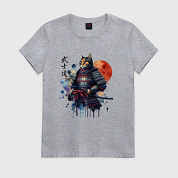 Футболка хлопковая женская Cat samurai - bushido ai art, цвет: меланж