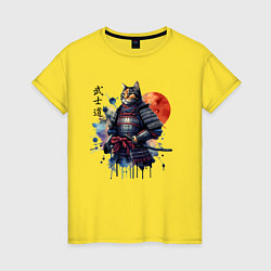 Футболка хлопковая женская Cat samurai - bushido ai art, цвет: желтый