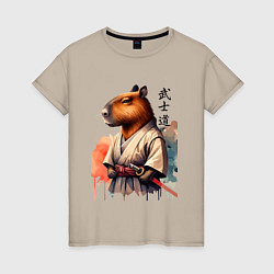 Футболка хлопковая женская Capybara samurai - ai art fantasy, цвет: миндальный