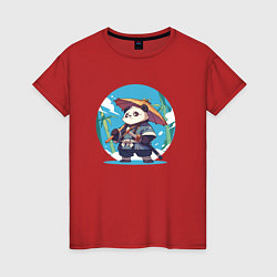 Футболка хлопковая женская Панда самурай, цвет: красный