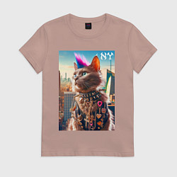 Футболка хлопковая женская Funny cat punk from New York - ai art, цвет: пыльно-розовый