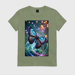 Футболка хлопковая женская Порхающая бабочка в неоновых линиях, цвет: авокадо