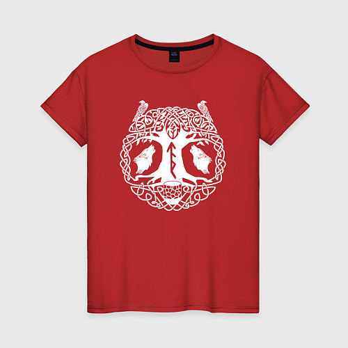 Женская футболка Дерево иггдрасиль с обережным руническим ставом / Красный – фото 1