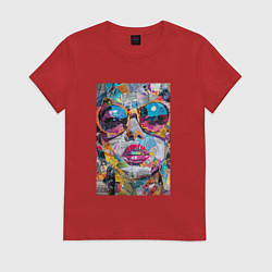 Футболка хлопковая женская Лицо девушки из обрезков газет, цвет: красный