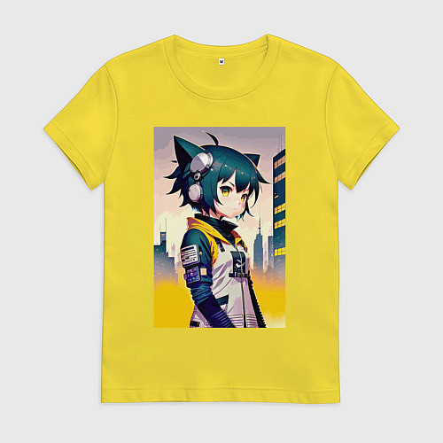 Женская футболка Kitten girl - cyberpunk / Желтый – фото 1