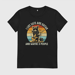 Футболка хлопковая женская Люблю котов гитару и может быть трёх людей, цвет: черный