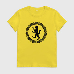 Футболка хлопковая женская Окружённый змеями силуэт геральдического кота, цвет: желтый