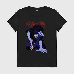 Футболка хлопковая женская Магическая битва Мегуми гончая, цвет: черный