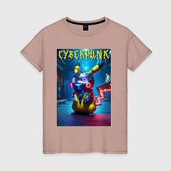 Футболка хлопковая женская Cyberpunk - cool Pikachu neon glow, цвет: пыльно-розовый