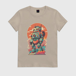 Футболка хлопковая женская Ретро робот в стиле аниме, цвет: миндальный