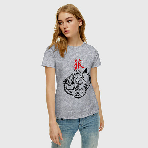 Женская футболка Волк с иероглифом / Меланж – фото 3