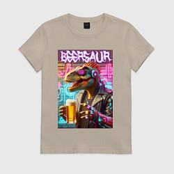 Женская футболка Кибер пивозавр на фоне стены с граффити - нейроарт