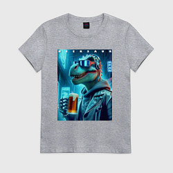 Футболка хлопковая женская Крутой чувак Дино с кружкой пива - нейроарт, цвет: меланж