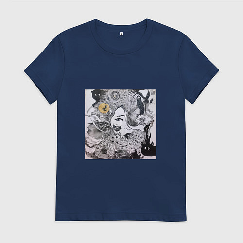 Женская футболка Лицо в абстракционистском стиле и животные / Тёмно-синий – фото 1