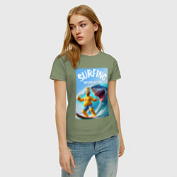 Футболка хлопковая женская Homer Simpson and shark - surfing never alone, цвет: авокадо — фото 2