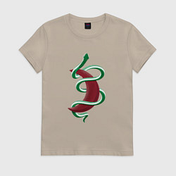 Футболка хлопковая женская Змея вокруг красной луны, цвет: миндальный